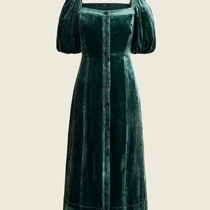 J. Crew Green Ruched Ruffled Velvet Midi Dress NWT